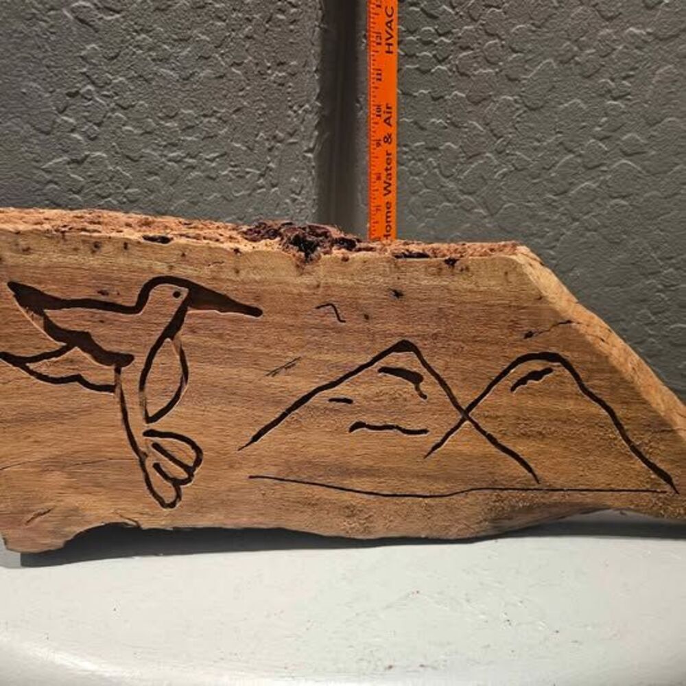 8" X 20" Raw Edge Carved Wood Slab with Hummingbird